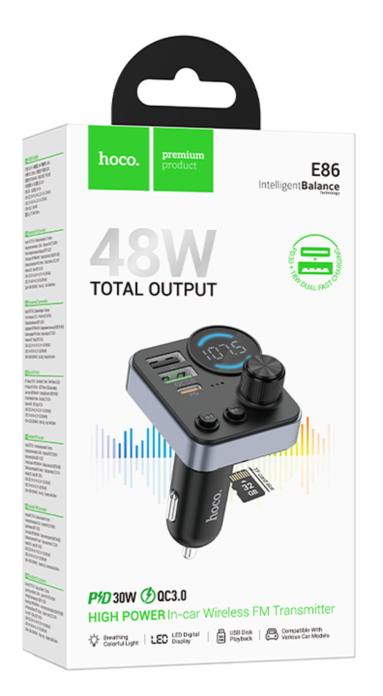 зарядка для телефона в машину с FM трансмиттером Hoco E86 Alegria 48W dual port PD30W+QC3.0 car BT FM transmitter black