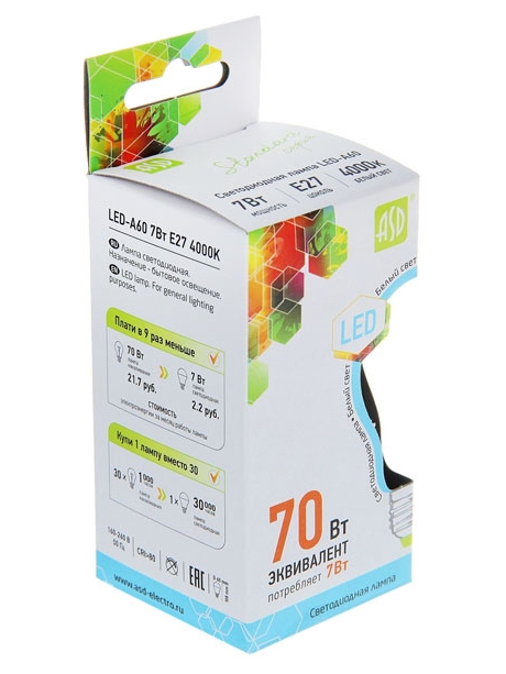 светодиодная лампа ASD LED-A60-standard 7Вт 160-260В Е27 4000К 