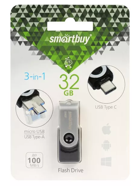 USB флешка с microUSB и type C SmartBuy TRIO 3-in-1 OTG 3.0 32GB black