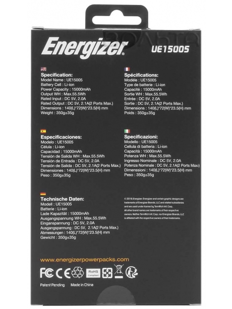 Внешний аккумулятор 2 usb Energizer Power Bank UE15005 15000 mAh white