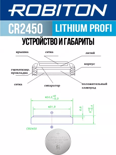 батарейка Robiton CR2450 PROFI-1BL 