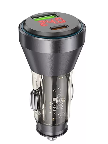 зарядка для телефона в машину Hoco NZ12B Unimpeded PD48W(1C1A) car charger with digital display transparent black