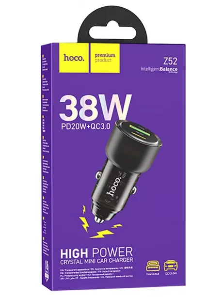 зарядка для телефона в машину Hoco Z52 Spacious PD38W(1C1A) car charger transparent black