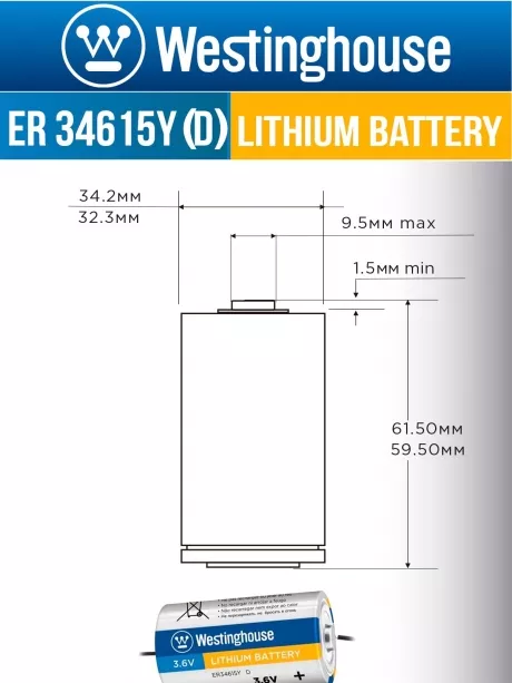 литиевая промышленная батарейка Westinghouse ER 34615Y (D) axial wires 2020 