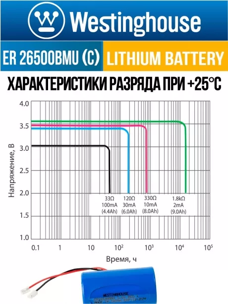 батарейка литиевая 3.6 В Westinghouse ER 26500BMU (C) universal connector 