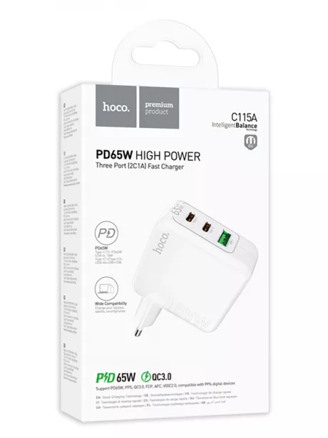 зарядное устройство для смартфона и ноутбука Hoco C115A Header PD65W three-port (2C1A) white