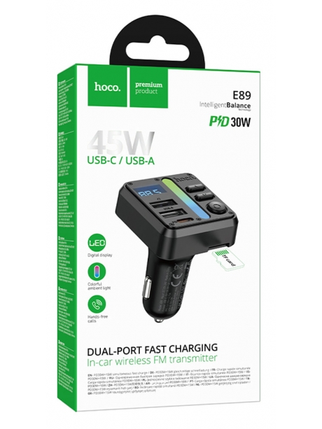 зарядка для телефона в машину с FM трансмиттером Hoco E89 Libre 45W(1A1C) car BT FM transmitter black
